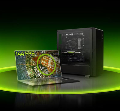 Front angle view of a laptop and a desktop, with the laptop screen running a game at 144 FPS, and with an NVIDIA graphics card installed in the desktop